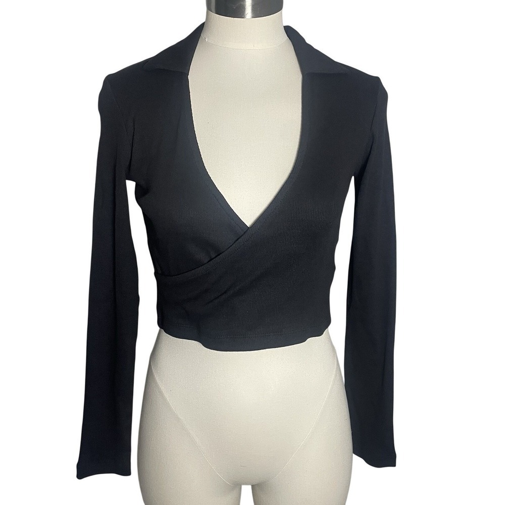 Brave Soul London Madelyn Black Ribbed Wrap Front Long Sleeve Crop Top M NEW - Picture 2 of 11